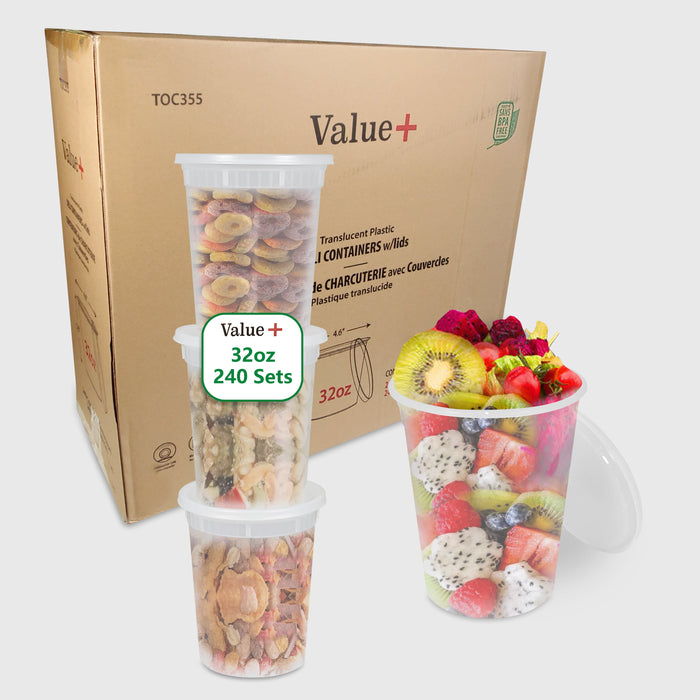 Value+ Translucent Plastic Deli Containers with Lids - 32oz