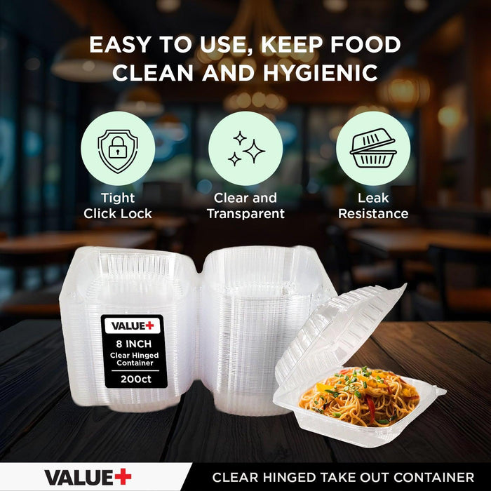 Value+ - Dual Lock - 8in Shallow Medium Clear Hinged Containers - CV881S
