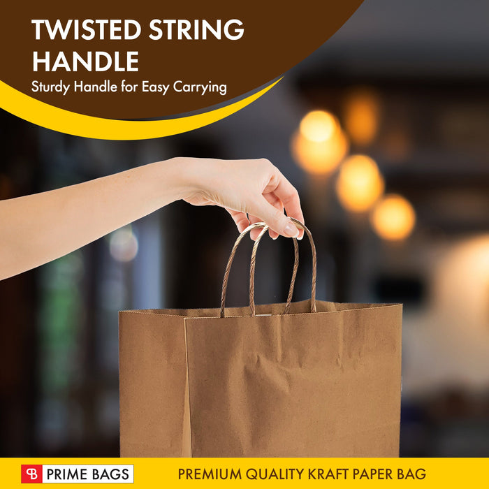 Delta Prime Bags Self-Adhesive Paper Bags with Twisted Handles - 13x7x13, 250 Pack, Kraft