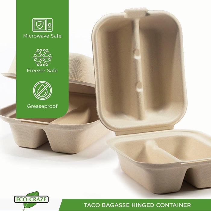 Eco-Craze - Taco - Bagasse Hinged Container - 2 COMPARTMENT