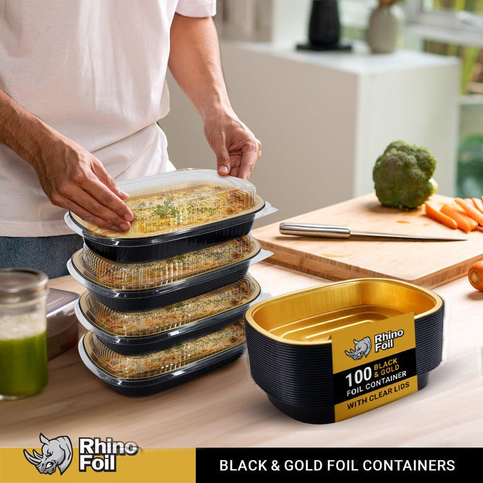 Rhino-Foil - Medium (53oz) Black & Gold Foil Cont. w/ Clear Dome Lid