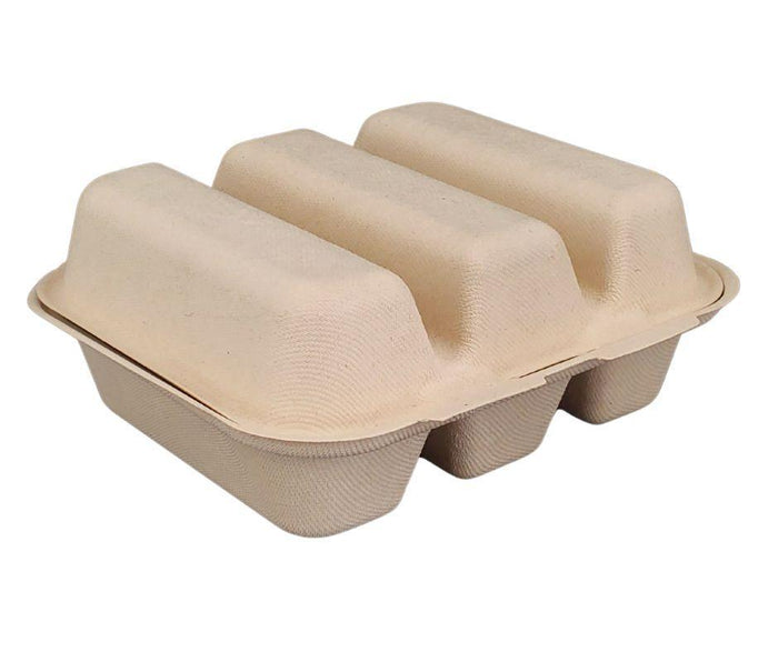 Eco-Craze - Taco - Bagasse Hinged Container - 3 COMPARTMENT