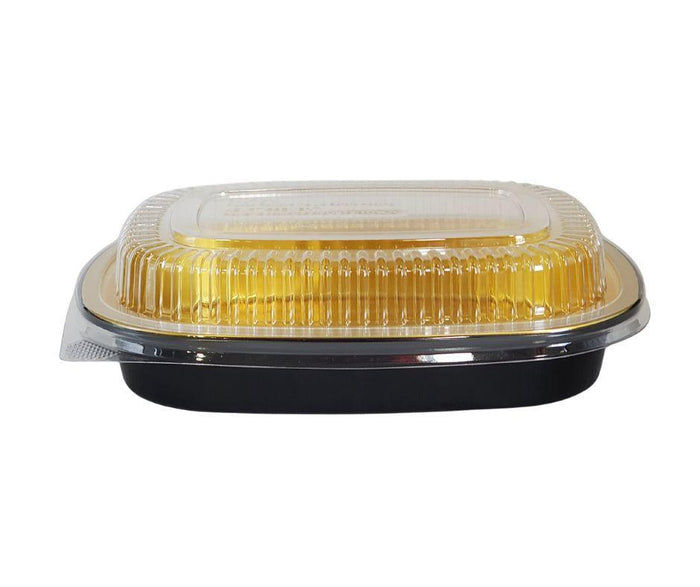Rhino-Foil - Small (26oz) Black & Gold Foil Cont. w/ Clear Dome Lid