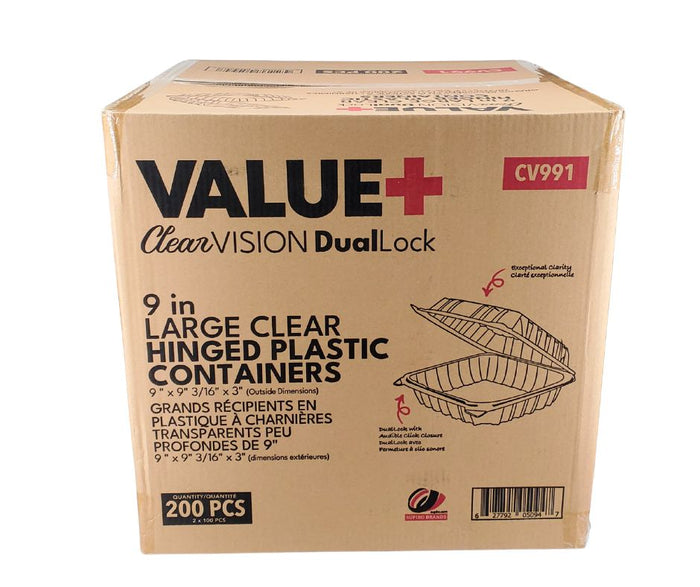 Value+ - Dual Lock - 9in Large Clear Hinged Containers - CV991