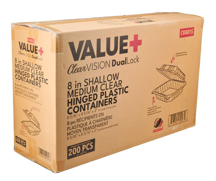 Value+ - Dual Lock - 8in Shallow Medium Clear Hinged Containers - CV881S