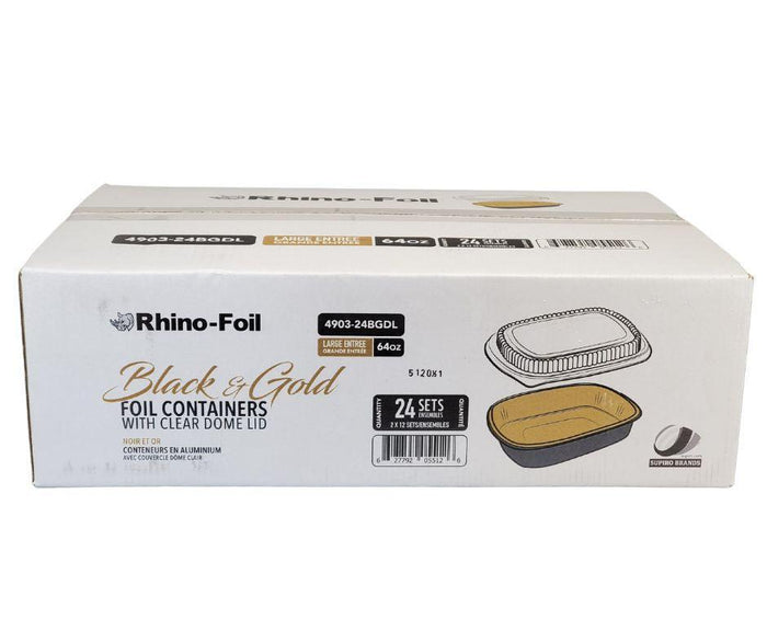 Rhino-Foil - Large (64oz) Black & Gold Foil Cont. w/ Clear Dome Lid