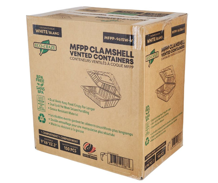 Eco-Craze - MFPP Clamshell Container - 9x6x2.6 - Double Lock - Vented - White