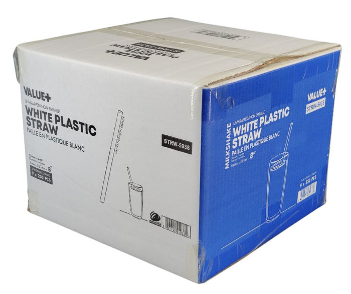 Value+ - 8'' Milkshake Straws – White - Plastic - 6 mm