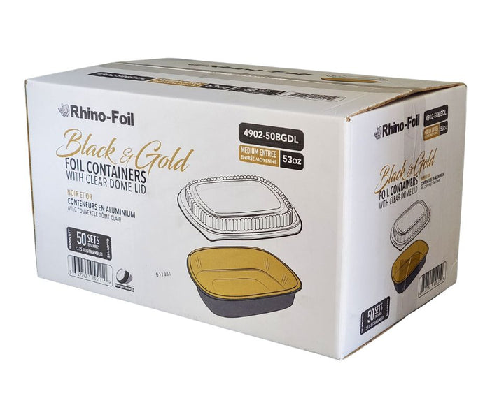 Rhino-Foil - Medium (53oz) Black & Gold Foil Cont. w/ Clear Dome Lid