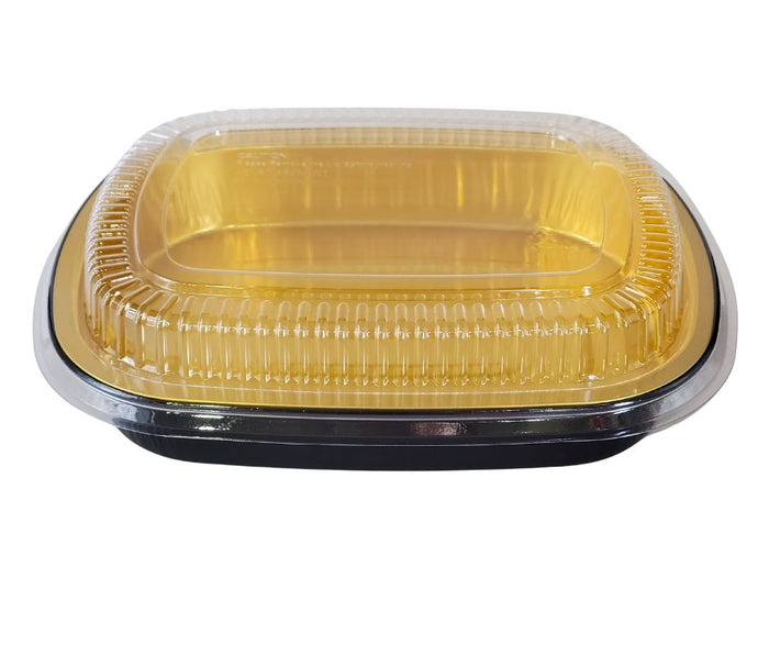 Rhino-Foil - Medium (53oz) Black & Gold Foil Cont. w/ Clear Dome Lid
