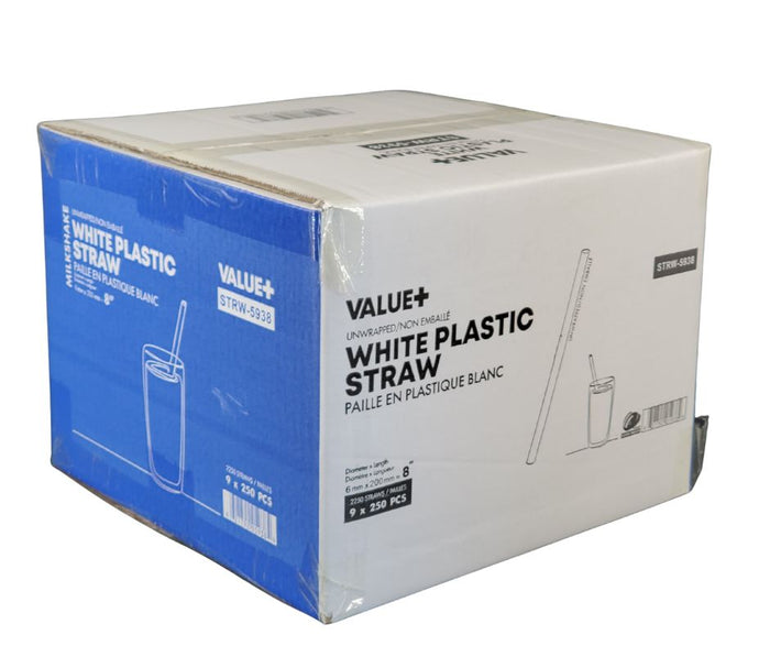 Value+ - 8'' Milkshake Straws – White - Plastic - 6 mm