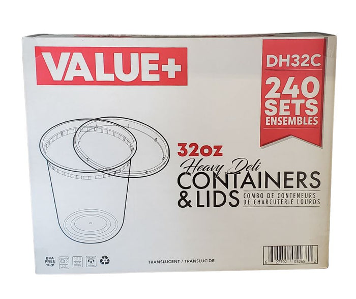 Value+ Translucent Plastic Deli Containers with Lids - 32oz