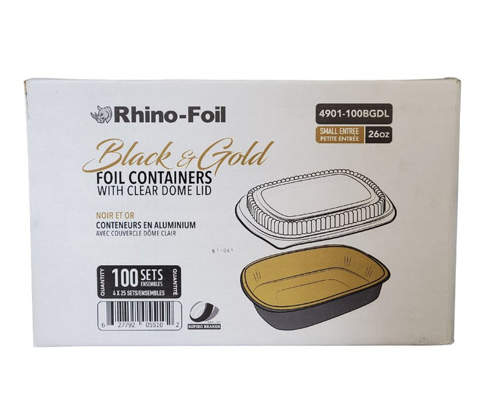 Rhino-Foil - Small (26oz) Black & Gold Foil Cont. w/ Clear Dome Lid