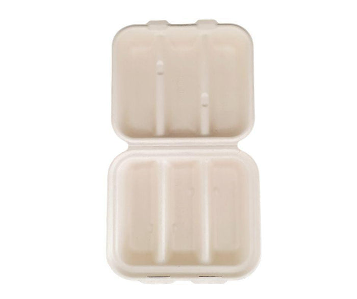 Eco-Craze - Taco - Bagasse Hinged Container - 3 COMPARTMENT