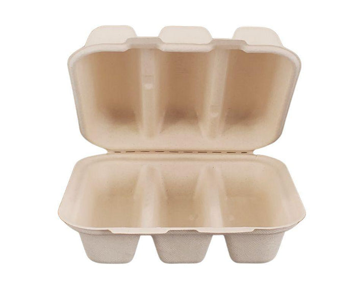 Eco-Craze - Taco - Bagasse Hinged Container - 3 COMPARTMENT
