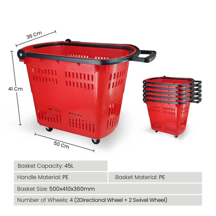 45 L Shopping Basket - Handle & Wheels - RED