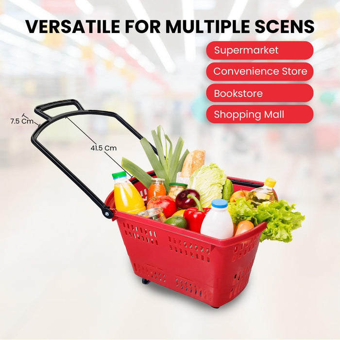 45L Shopping Basket - Handle & Wheels - RED