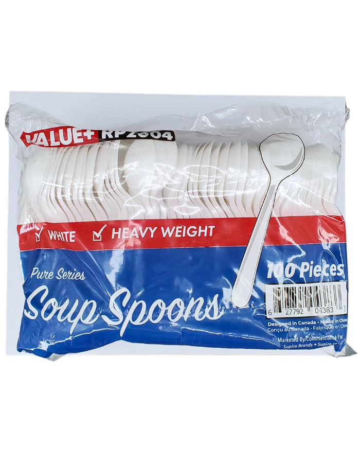 Value+ - Heavy - Plastic Soup Spoons - White - Retail Pack - RP2004