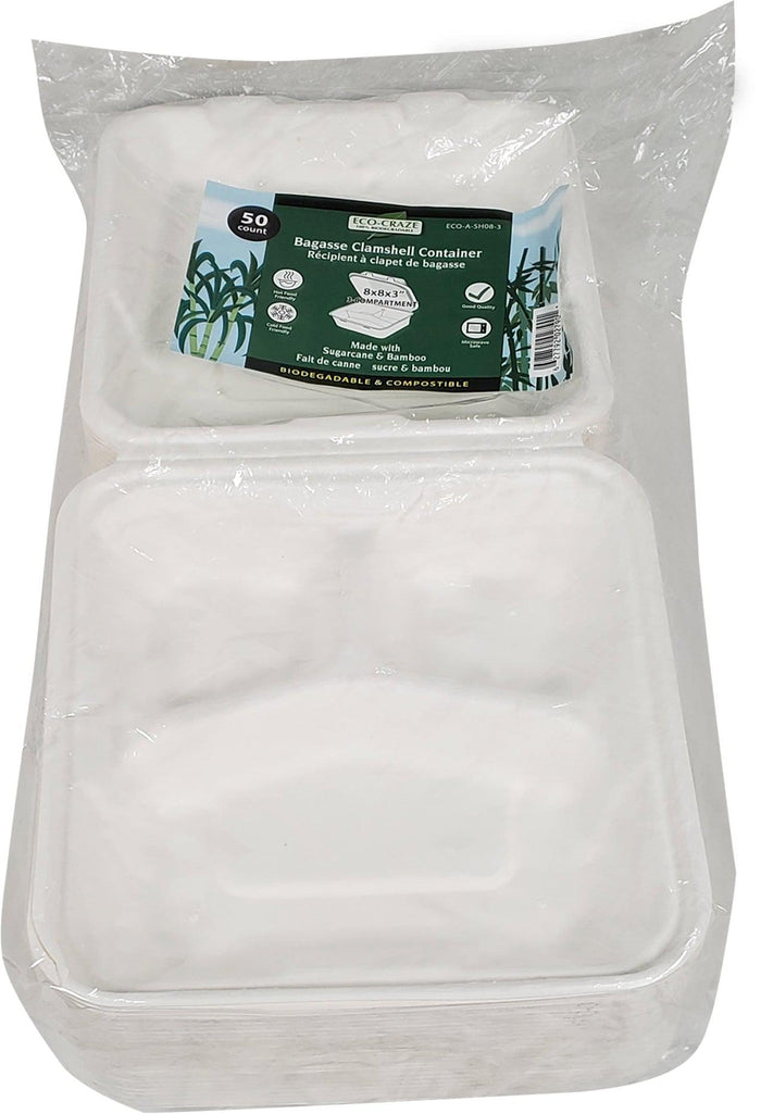 Eco-Craze - 8X8X3 - 3 Compartment Bagasse Clamshell