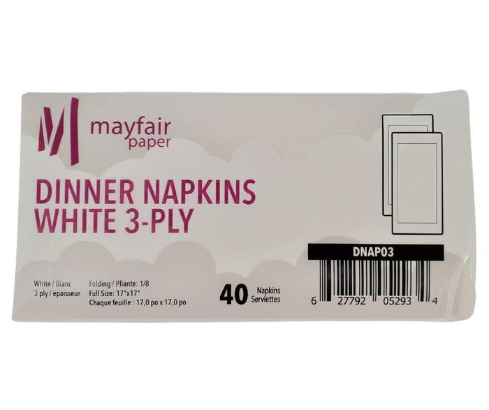 Mayfair - 3 ply Dinner Napkins 1/8 Fold - White - DNAP03