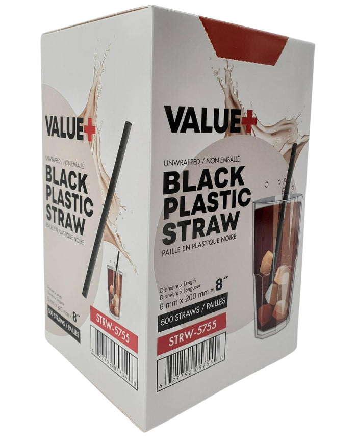 Value+ - 8'' - Black Plastic Straw - 6 mm