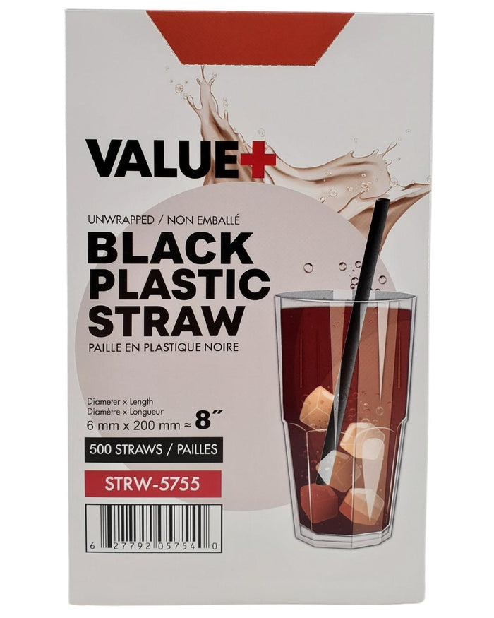 Value+ - 8'' - Black Plastic Straw - 6 mm