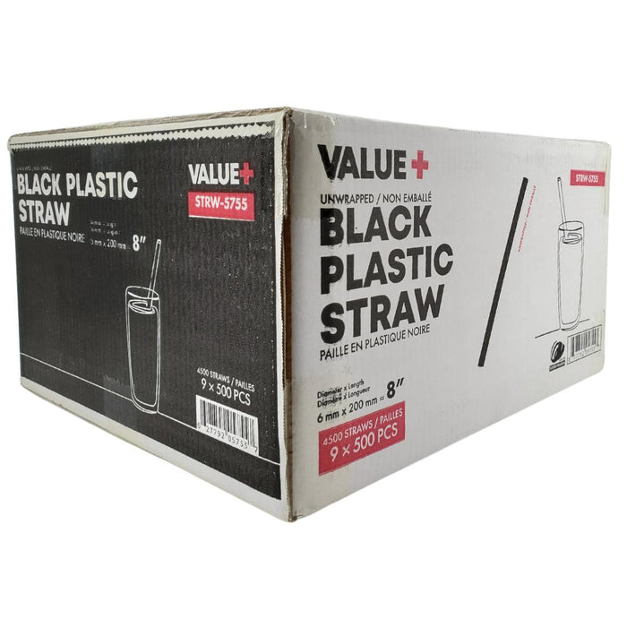 Value+ - 8'' - Black Plastic Straw - 6 mm