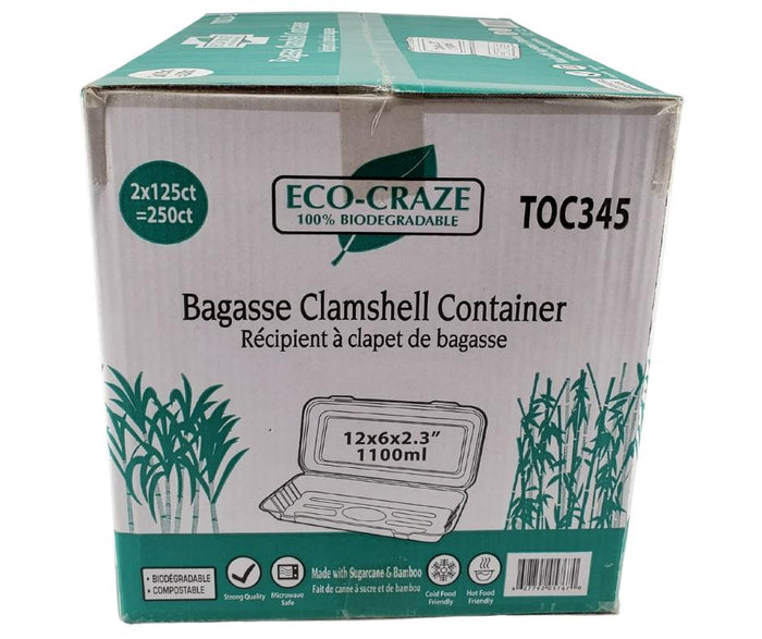 Eco-Craze - 12x6x2.3 Bagasse Clamshell Container - 1100ml