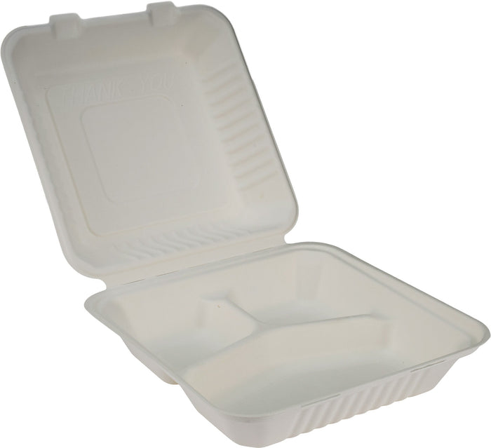 Eco-Craze - Bagasse Clamshell Hinged Container - 9X9 - 3 Compartment
