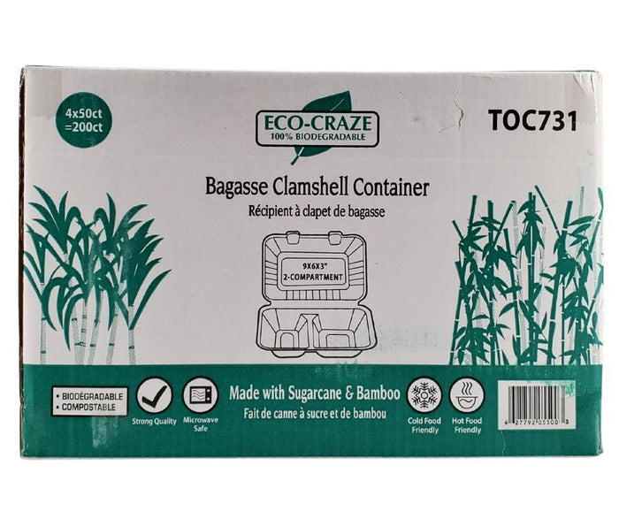 Eco-Craze - Bagasse Clamshell Container - 9X6 - 2 Comp