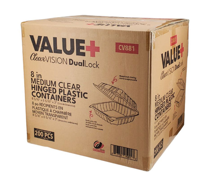 Value+ - Dual Lock - 8in Medium Clear Hinged Containers - CV881