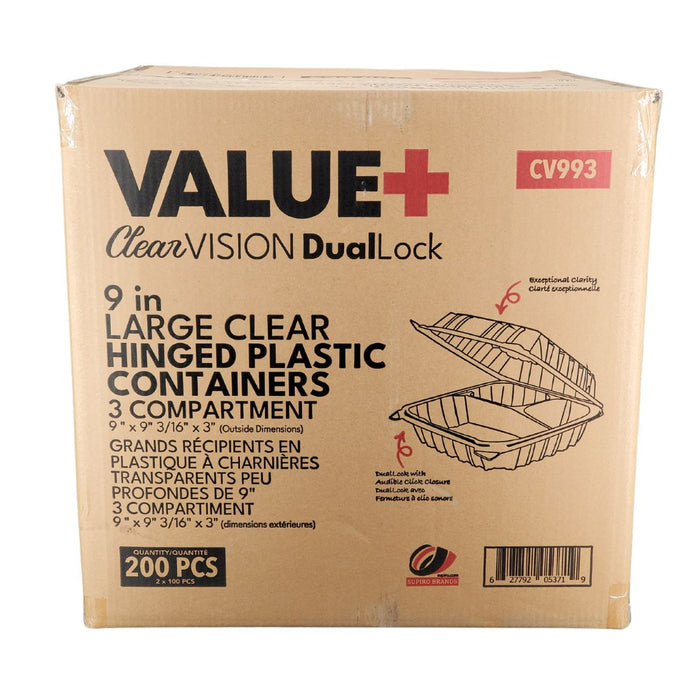 CLR - Value+ - Dual Lock - 9 in Large Clear Hinged Containers - 3 Comp - CV993