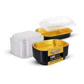 Rhino-Foil - Large (64oz) Black & Gold Foil Cont. w/ Clear Dome Lid