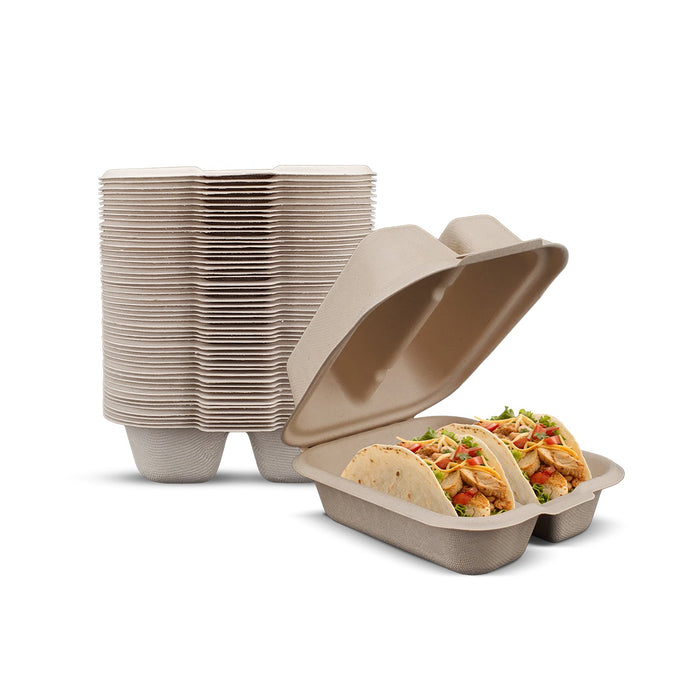 Eco-Craze - Taco - Bagasse Hinged Container - 2 COMPARTMENT