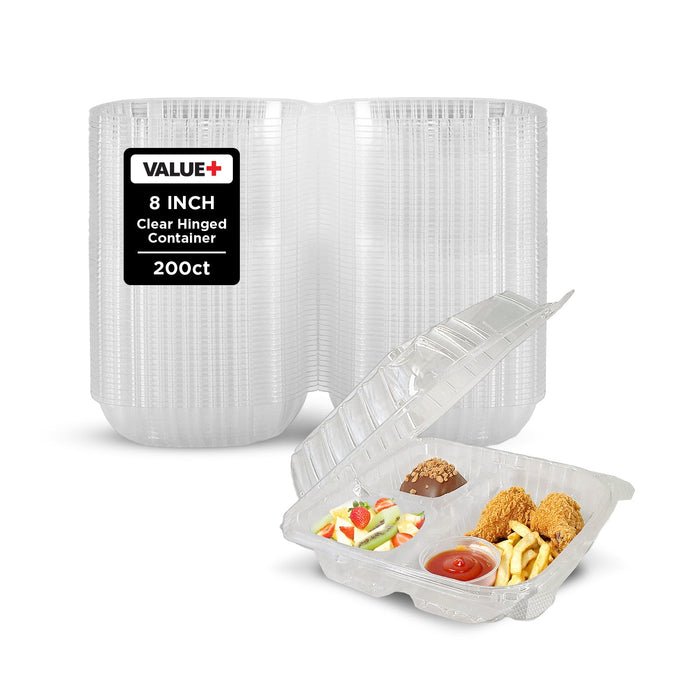 CLR - Value+ - Dual Lock - 8 in Medium Clear Hinged Containers - 3 Comp - CV883
