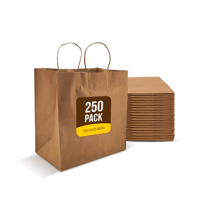 Delta Prime Bags Self-Adhesive Paper Bags with Twisted Handles - 13x7x13, 250 Pack, Kraft
