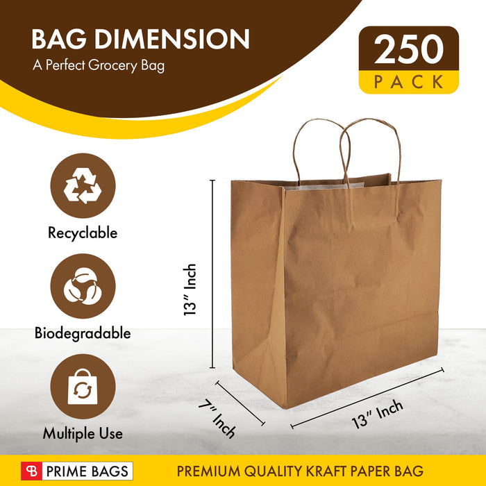 Delta Prime Bags Self-Adhesive Paper Bags with Twisted Handles - 13x7x13, 250 Pack, Kraft