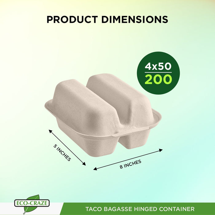 Eco-Craze - Taco - Bagasse Hinged Container - 2 COMPARTMENT