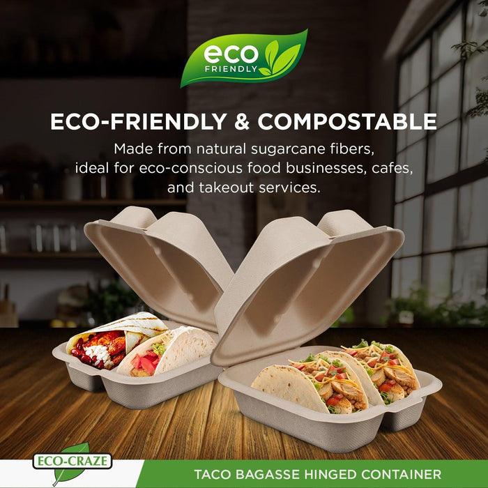 Eco-Craze - Taco - Bagasse Hinged Container - 2 COMPARTMENT