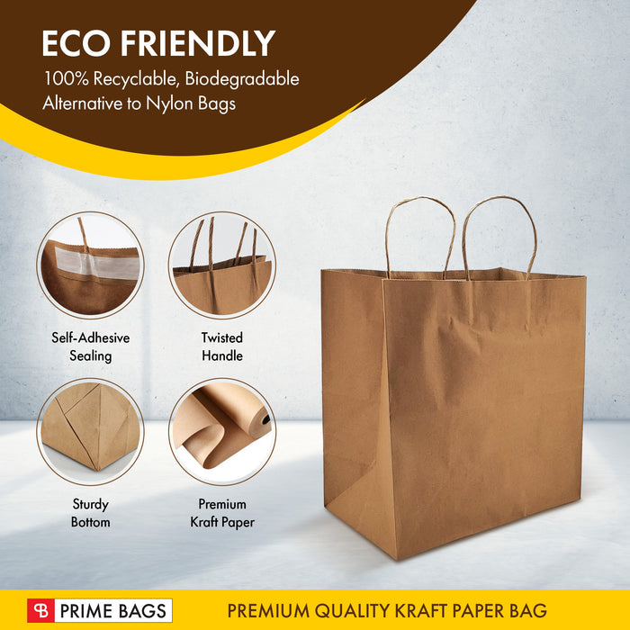 Delta Prime Bags Self-Adhesive Paper Bags with Twisted Handles - 13x7x13, 250 Pack, Kraft