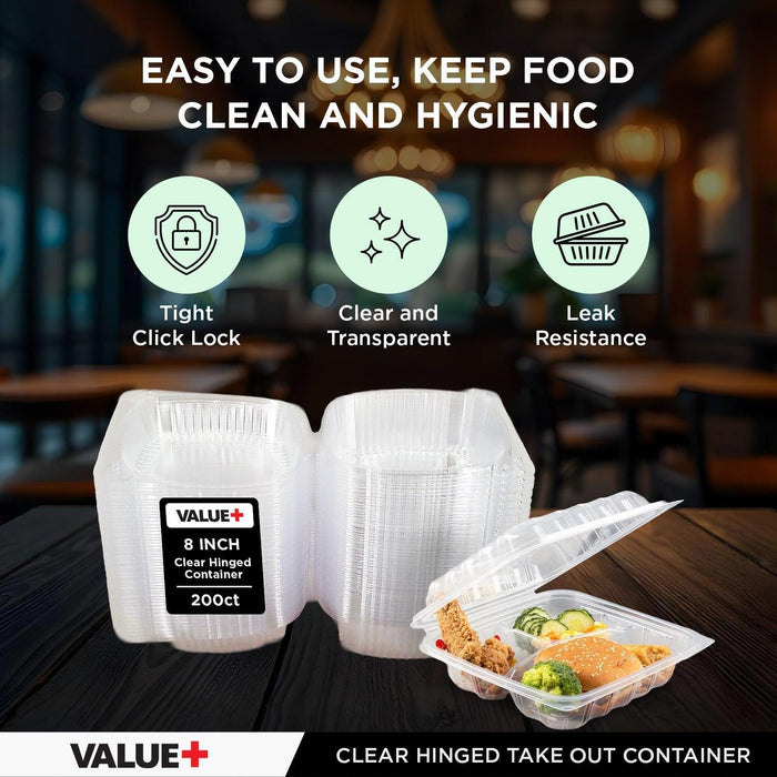 Value+ - Dual Lock - 8 in Medium Clear Hinged Containers - 3 Comp - CV883