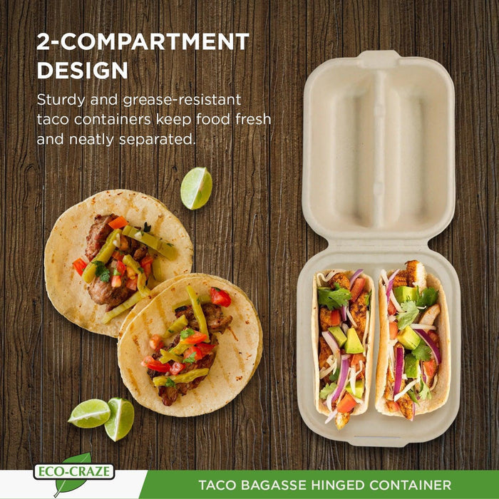 Eco-Craze - Taco - Bagasse Hinged Container - 2 COMPARTMENT