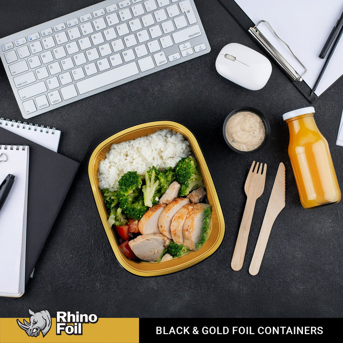 Rhino-Foil - Small (26oz) Black & Gold Foil Cont. w/ Clear Dome Lid