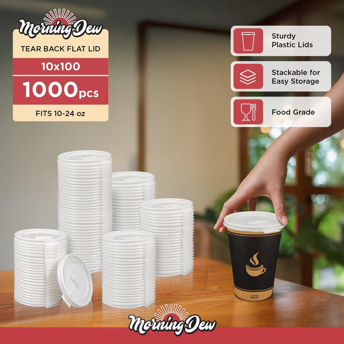 Morning Dew - Tear Back Flat Lid for 10-24 oz Hot Paper Cups - White - 10F-W