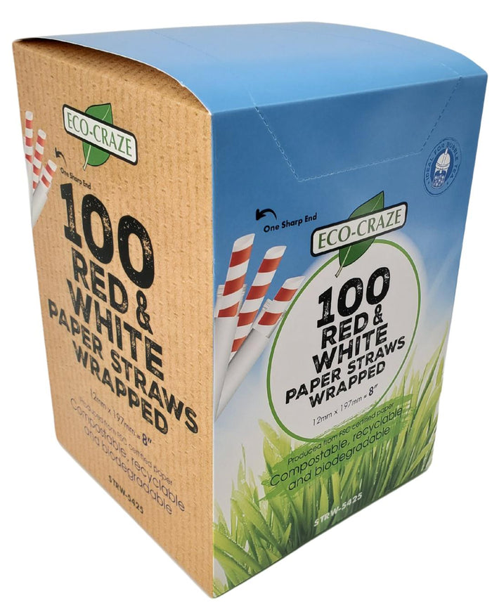 Eco-Craze Paper Straws - Red and White, 12mmx8