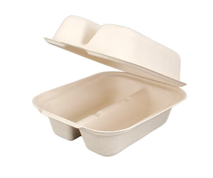 Eco-Craze - Taco - Bagasse Hinged Container - 2 COMPARTMENT