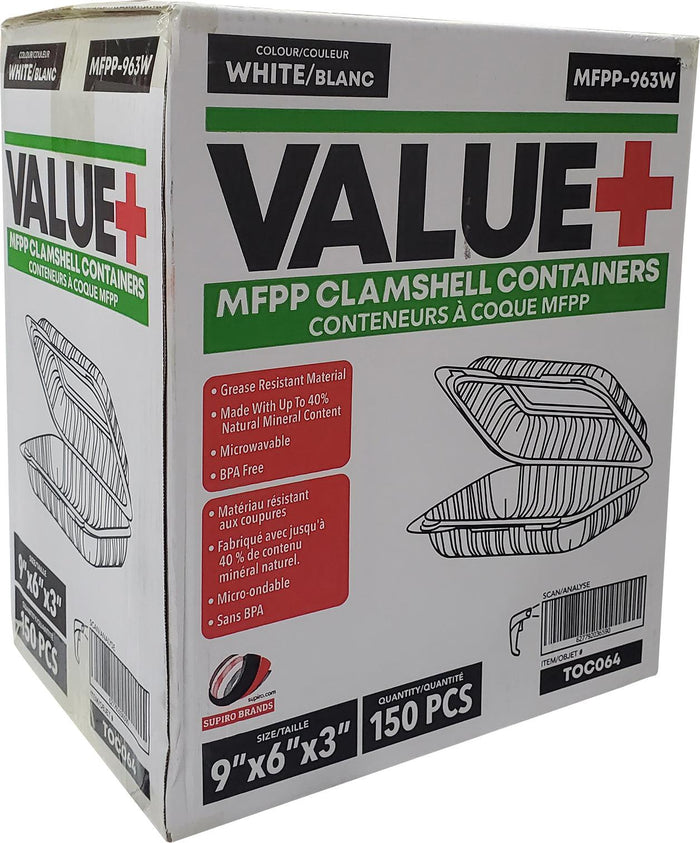 Eco-Craze - MFPP Clamshell Container - 9x6x2.3 - Vented - White