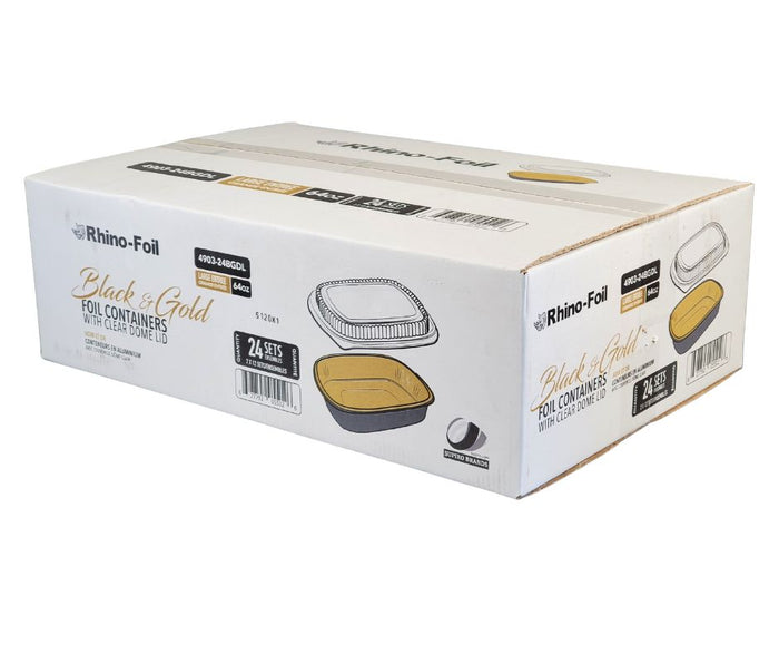 Rhino-Foil - Large (64oz) Black & Gold Foil Cont. w/ Clear Dome Lid