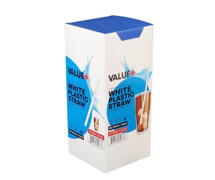 Value+ - 8'' Milkshake Straws – White - Plastic - 6 mm