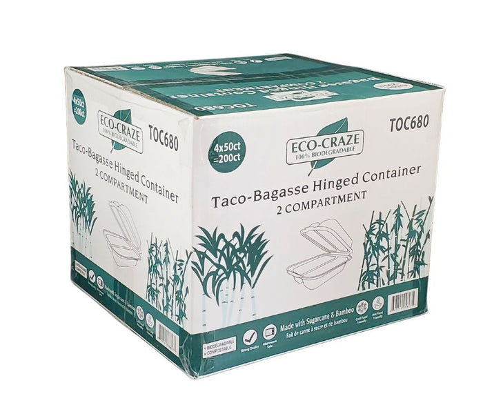 Eco-Craze - Taco - Bagasse Hinged Container - 2 COMPARTMENT